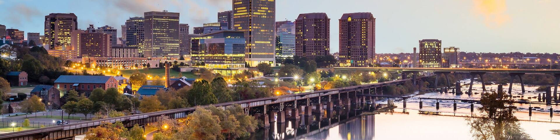 Downtown Richmond, Virginia skyline and the James River at twilight.; Shutterstock ID 478364257