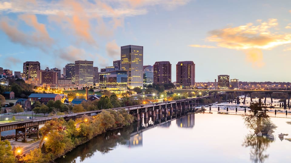 Downtown Richmond, Virginia skyline and the James River at twilight.; Shutterstock ID 478364257