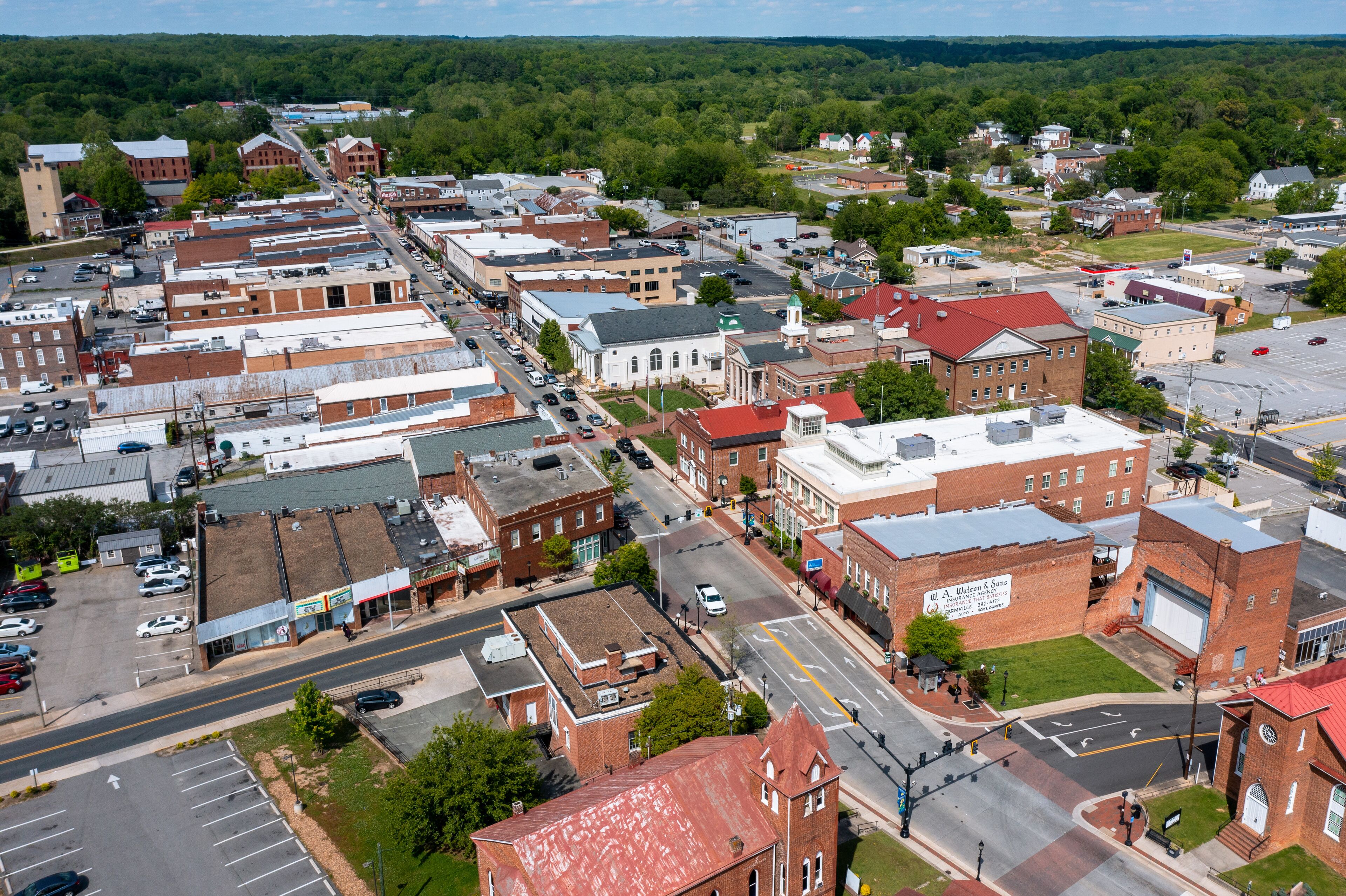 Aerial View of Buildings on Main Street in Farmville Virginia on a Sunny Day