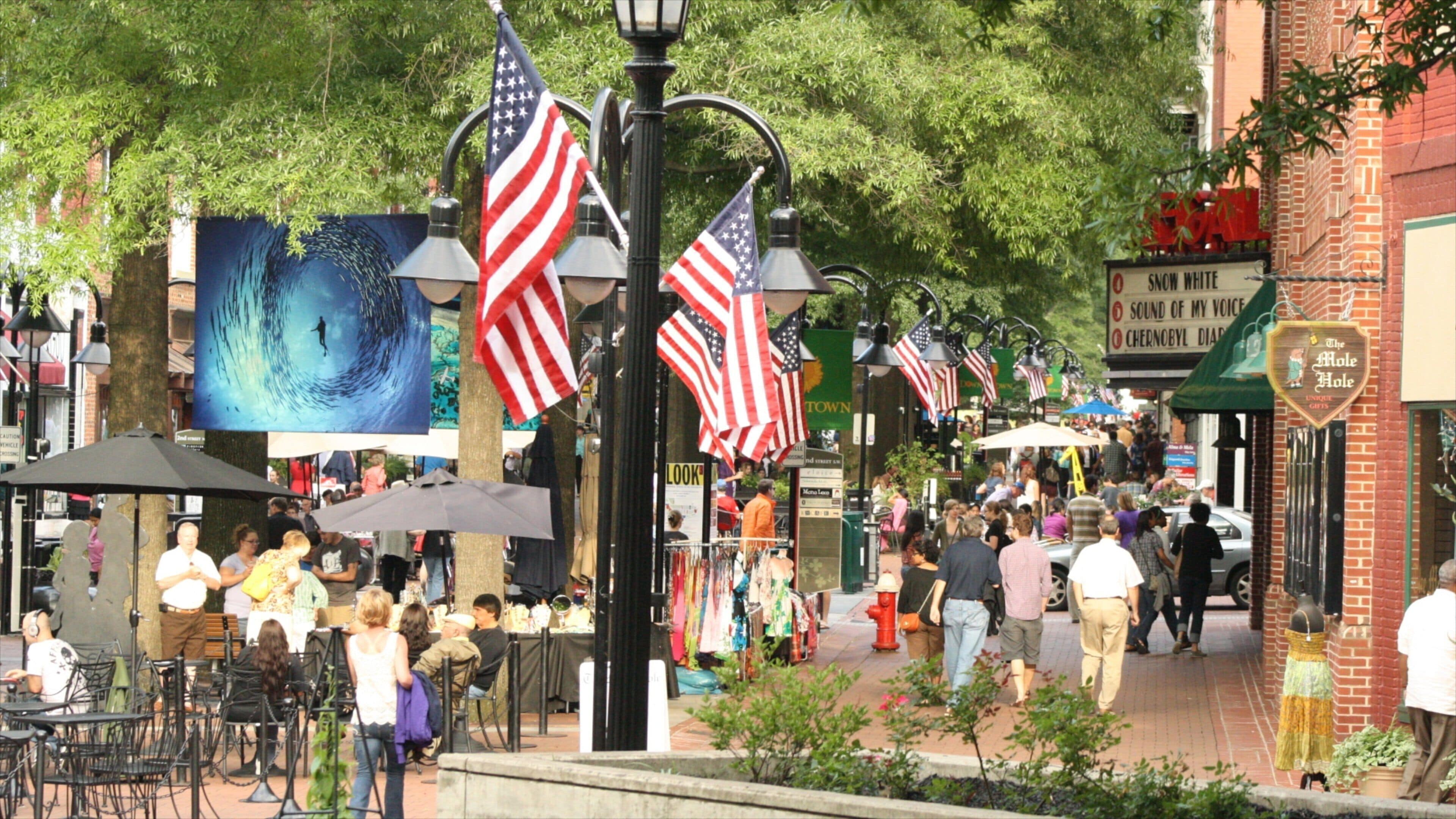 Charlottesville which includes a city and outdoor eating as well as a large group of people