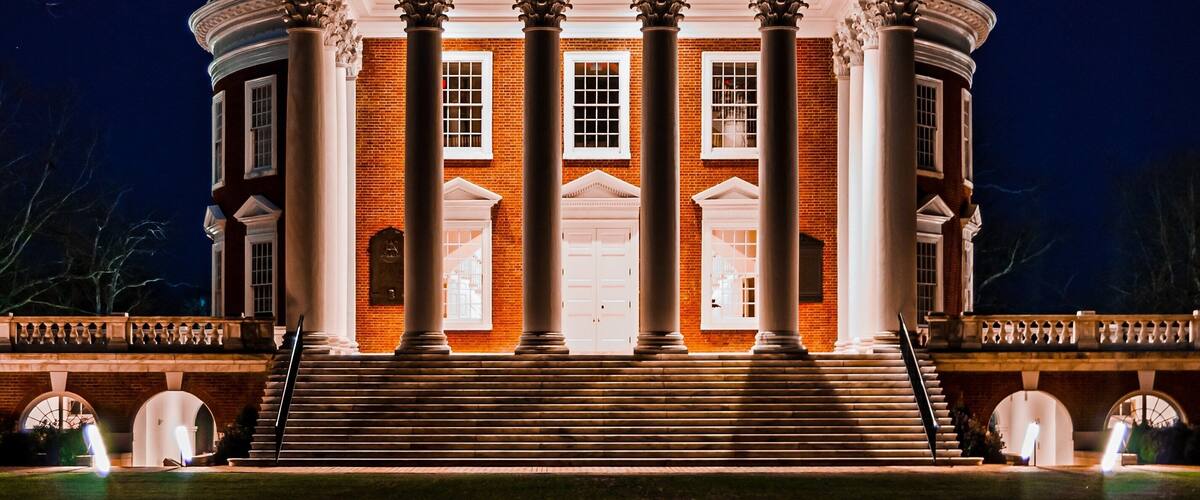 Nighttime view of the Rotunda at the University of Virginia