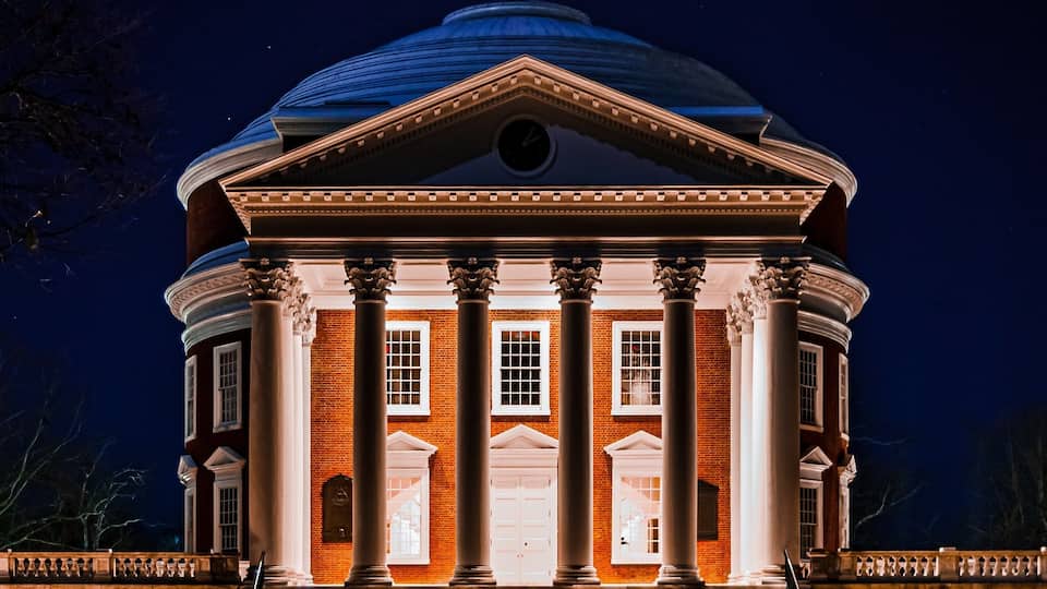 Nighttime view of the Rotunda at the University of Virginia