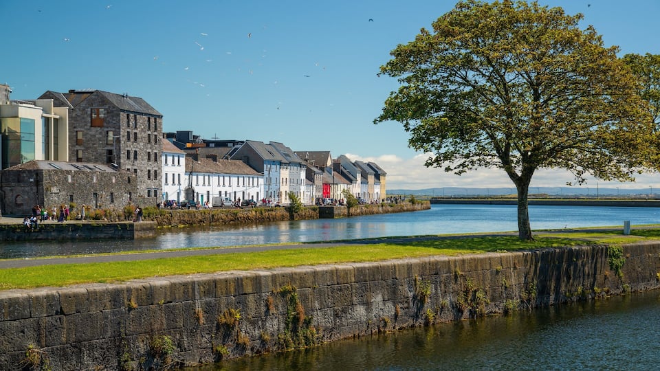 Galway City Centre showing a coastal town and a bay or harbor