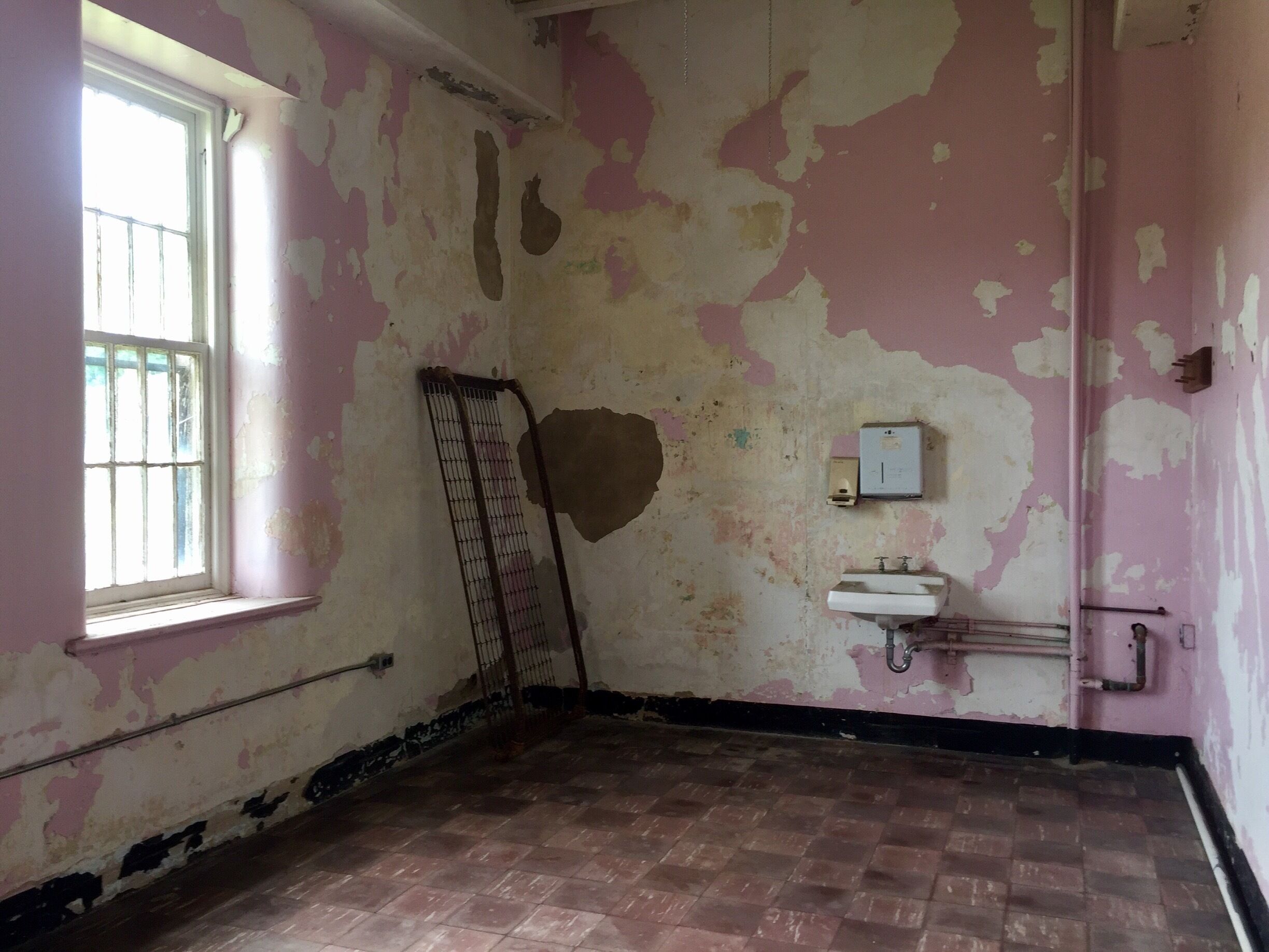 The rooms were color coded. The thought process being that if a resident got 'misplaced' they could ask for help getting back by knowing their color.  This is one of the rooms in the unrestored wing. 