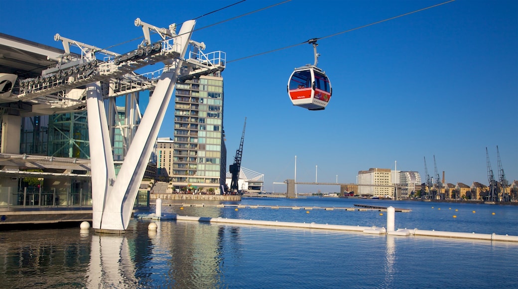 O2 Arena which includes a gondola, modern architecture and a bay or harbor