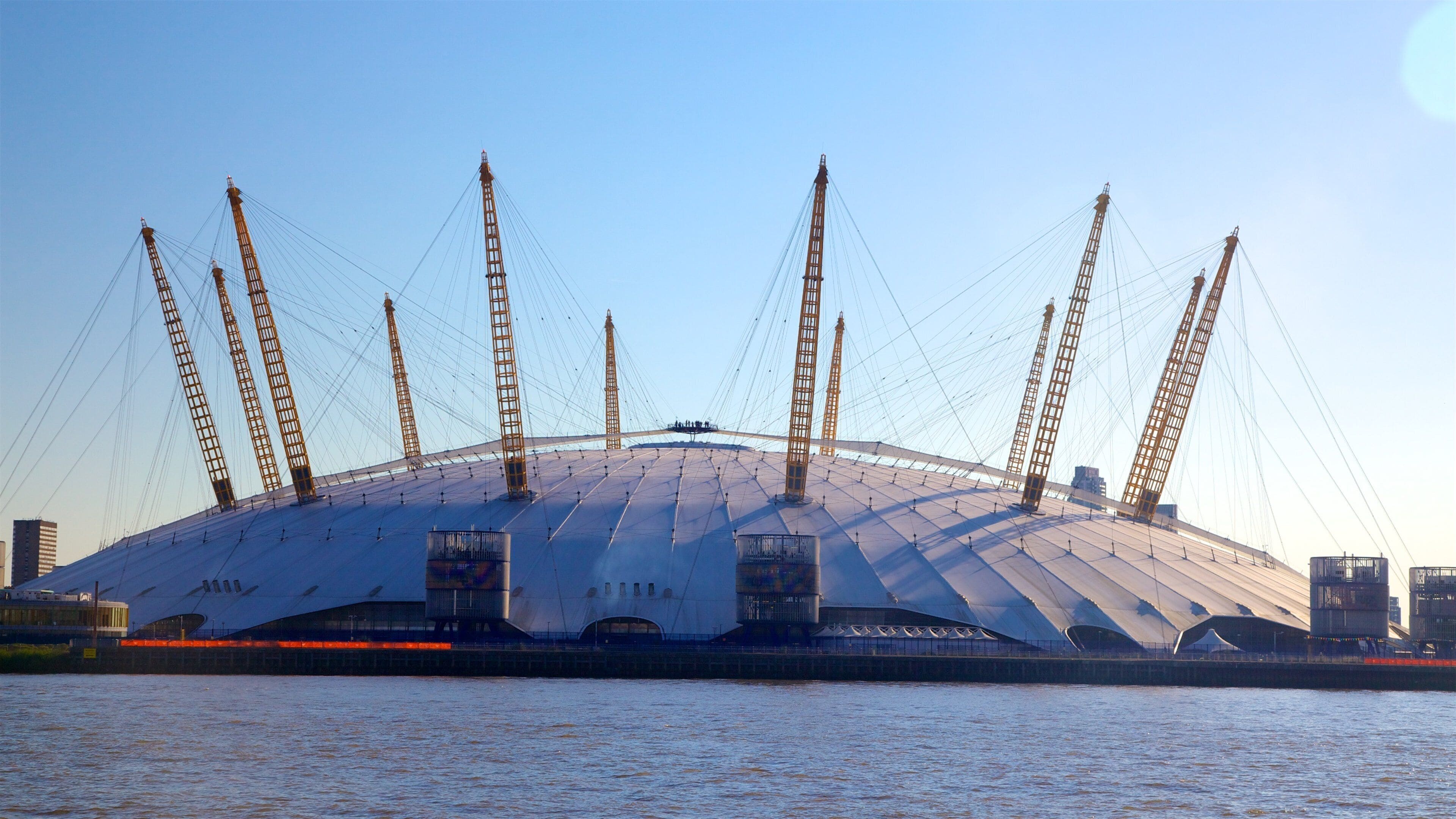 O2 Arena showing a river or creek and modern architecture
