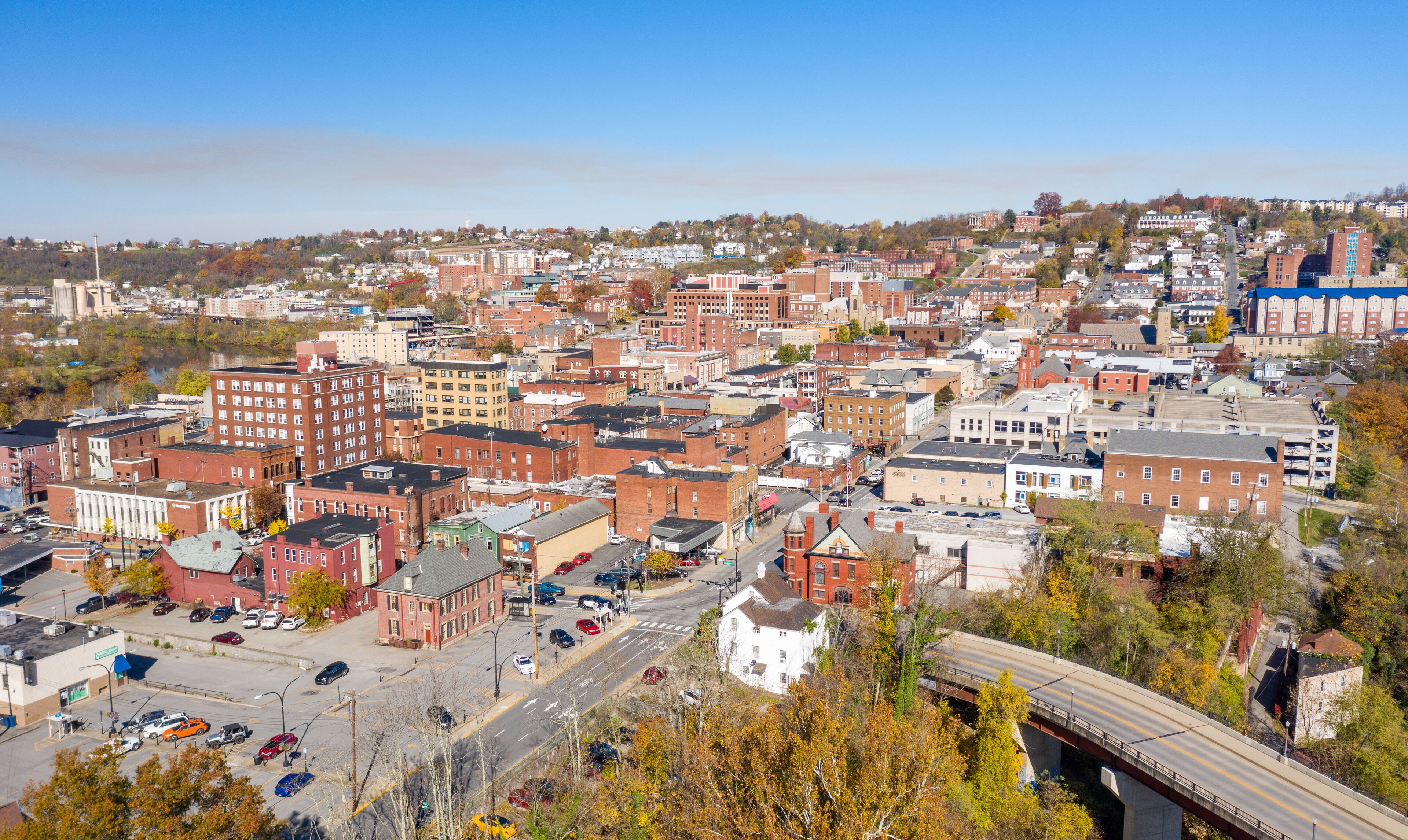 Aerial drone panorama of the downtown area of Morgantown, West Virginia