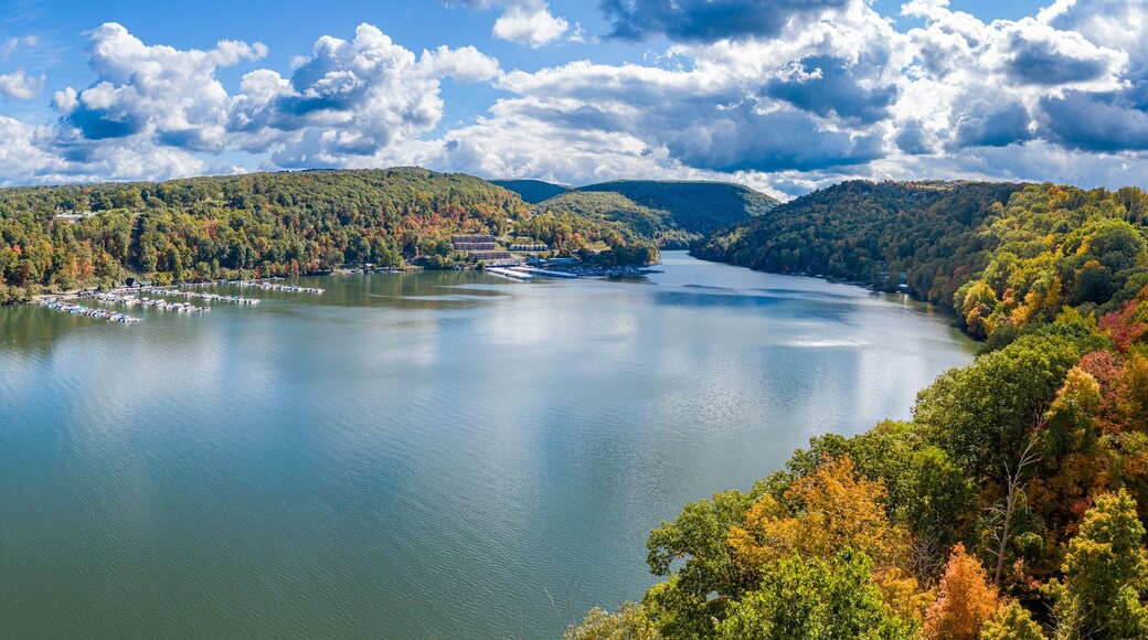 Aerial drone panorama of the autumn fall colors surrounding Cheat Lake near Morgantown, West Virginia