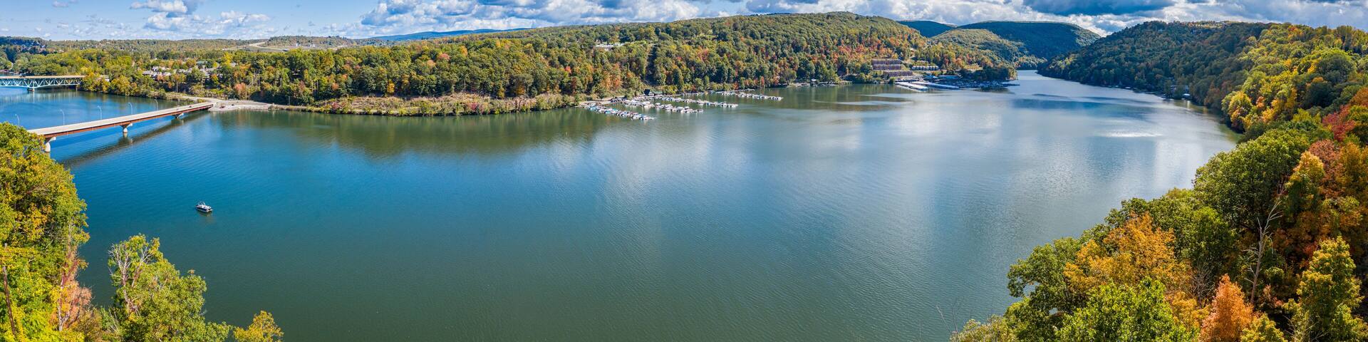 Aerial drone panorama of the autumn fall colors surrounding Cheat Lake near Morgantown, West Virginia