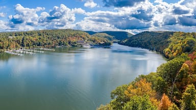 Aerial drone panorama of the autumn fall colors surrounding Cheat Lake near Morgantown, West Virginia
