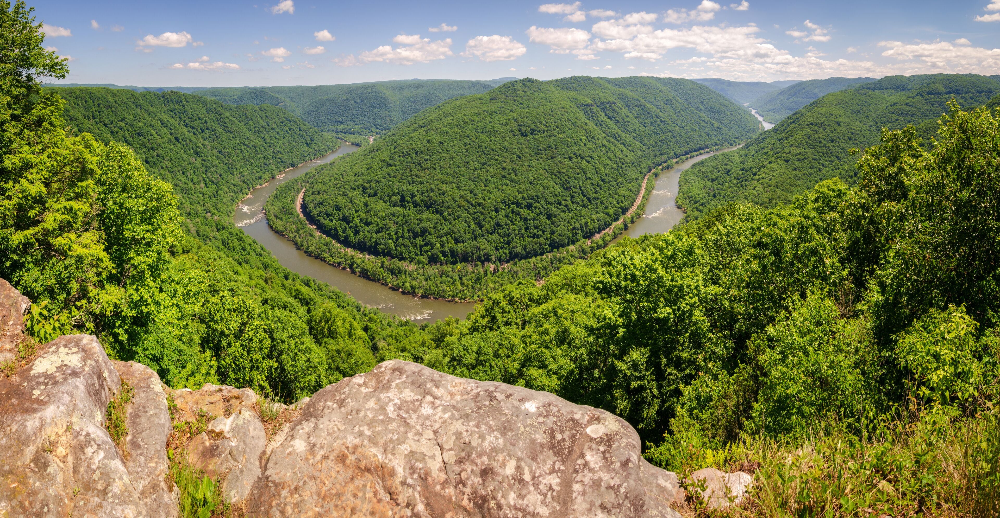 An Overlook of the Winding New River at New River Gorge National Park and Preserve in southern West Virginia in the Appalachian Mountains