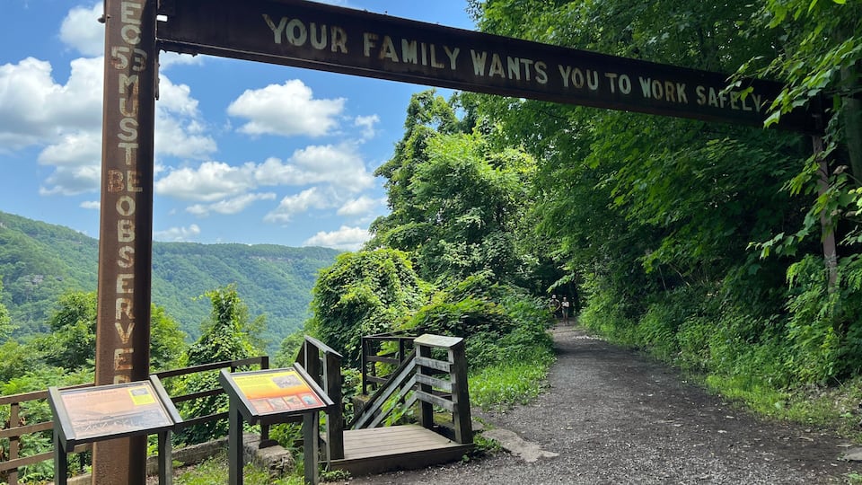 A forested area with a sign that reads 'YOUR FAMILY WANTS YOU TO WORK SAFELY' and another sign that says 'SECURITY OBSERVATION.'