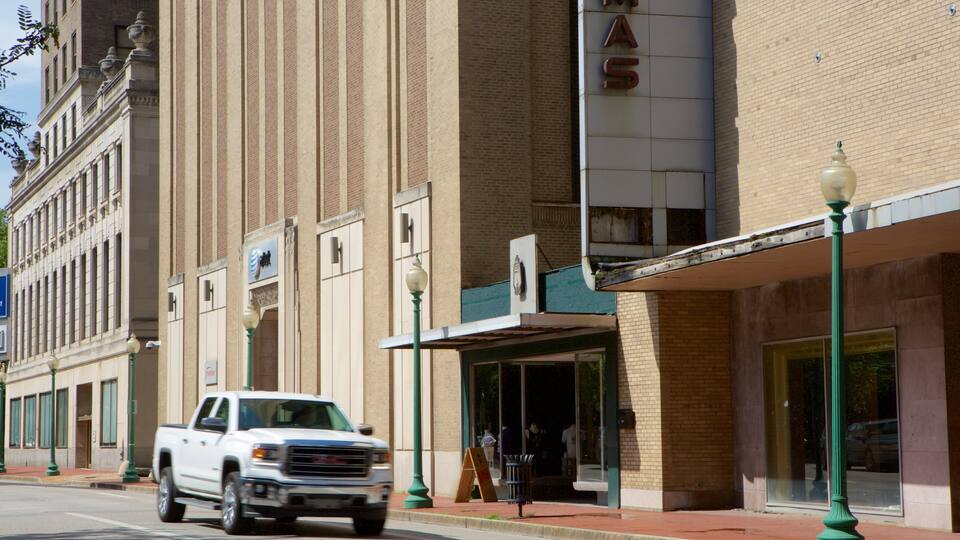 A white truck parked on a city street, buildings with large windows, and a street lamp.