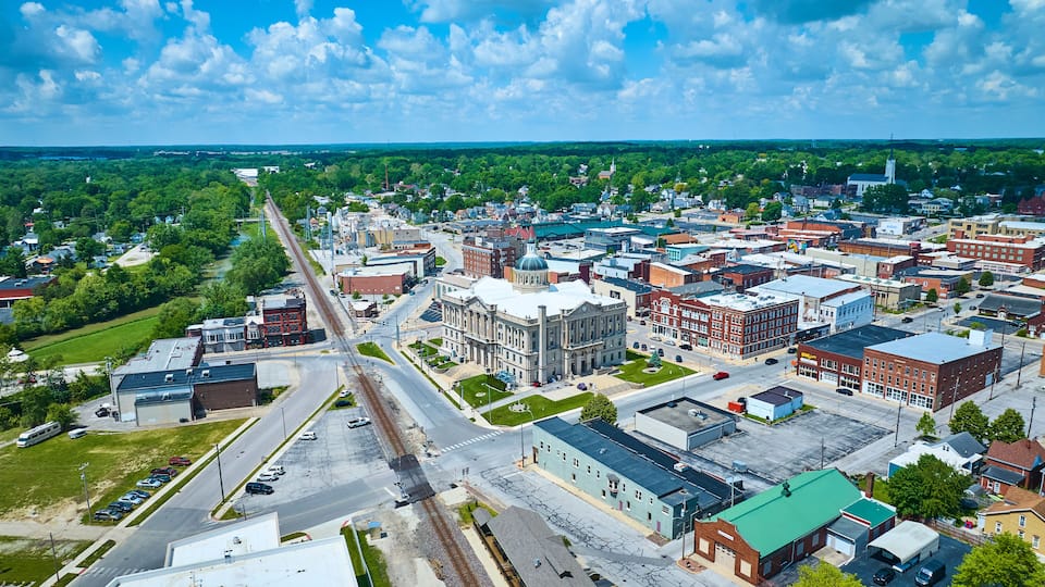 Aerial View of Huntington Indiana Courthouse and Downtown