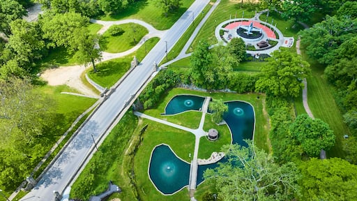 Aerial View of Huntington Memorial Park with Ponds and Monument