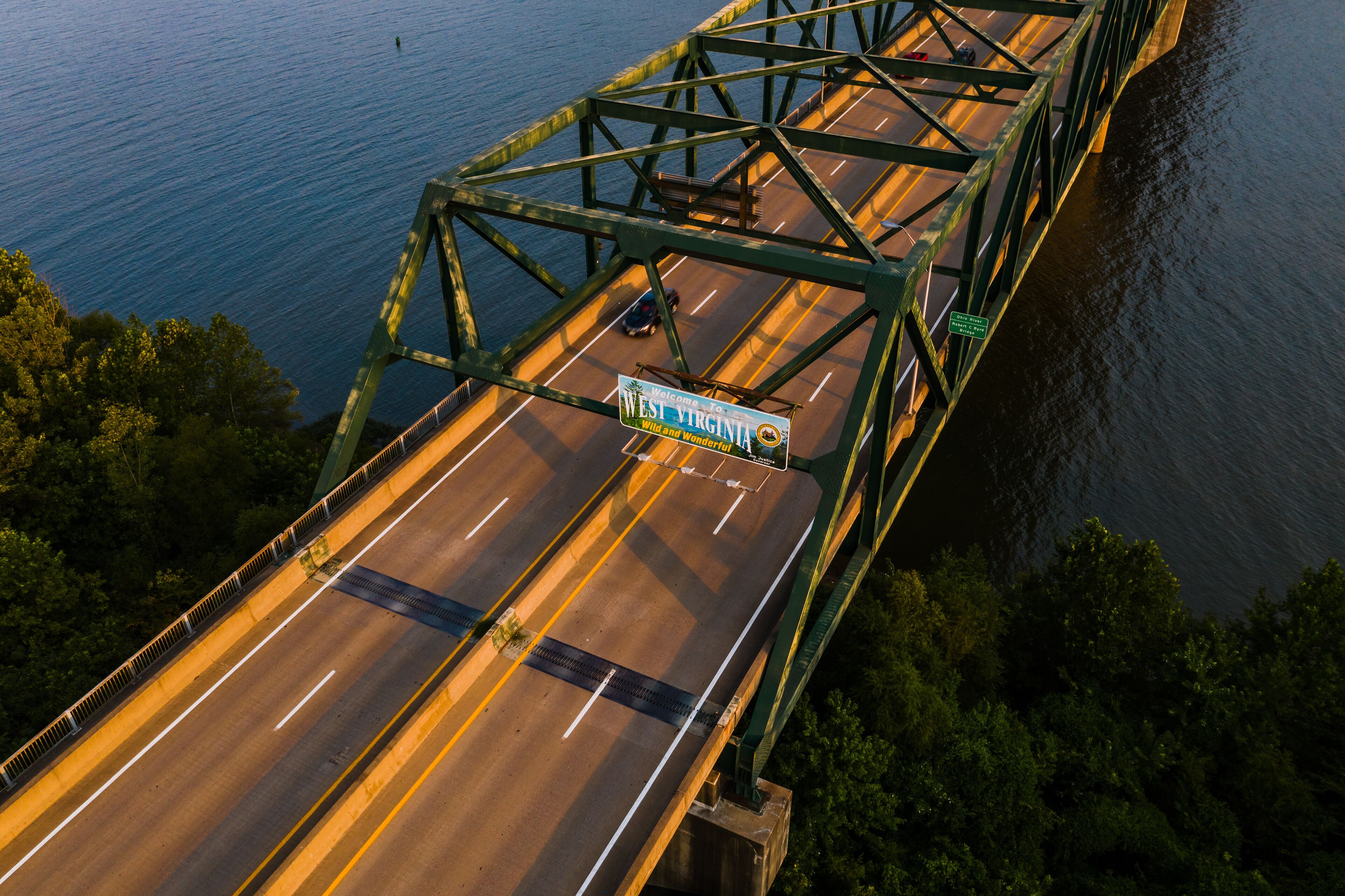 Late Evening Aerial View of Robert C. Byrd Truss Bridge - Ohio River - Huntington, West Virginia