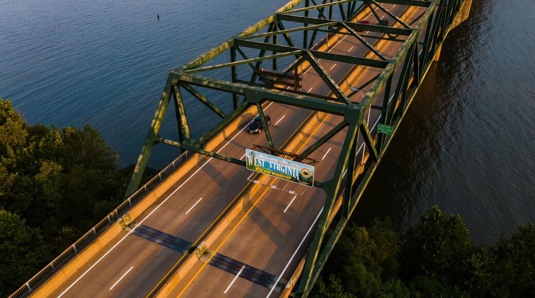 Late Evening Aerial View of Robert C. Byrd Truss Bridge - Ohio River - Huntington, West Virginia