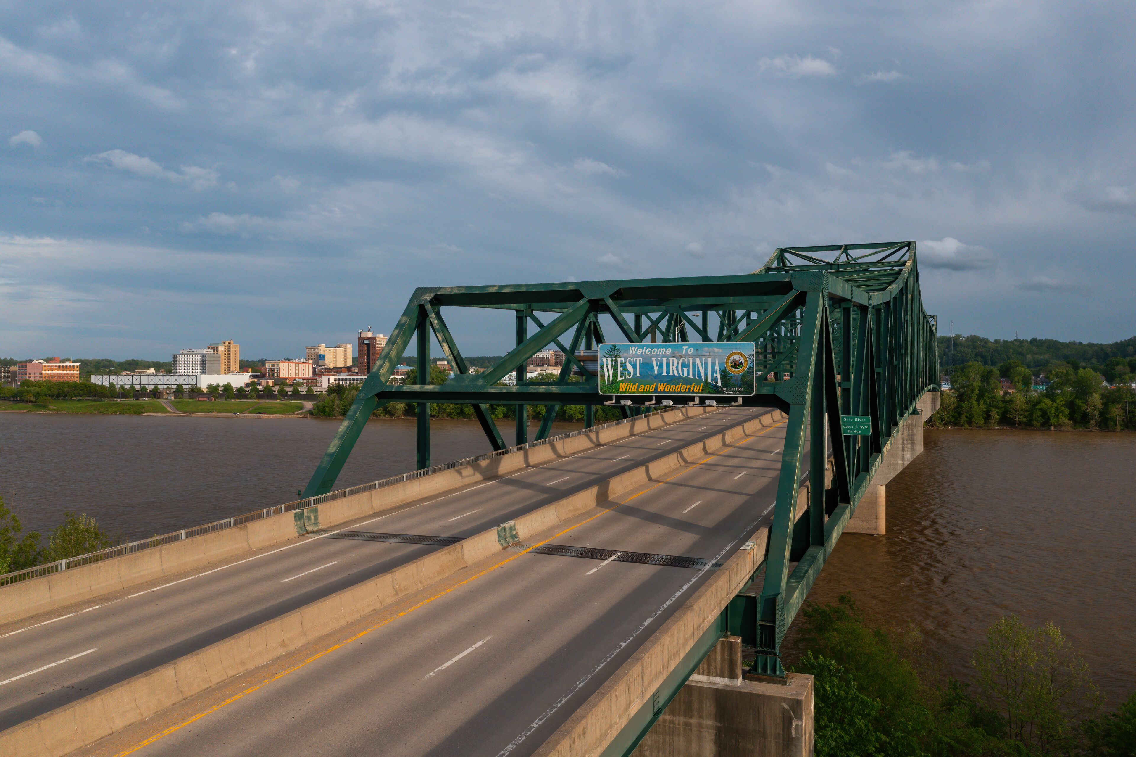 Aerial of Robert C. Byrd Bridge over Ohio River - OH Route 527 - Huntington, West Virginia & Chesapeake, Ohio