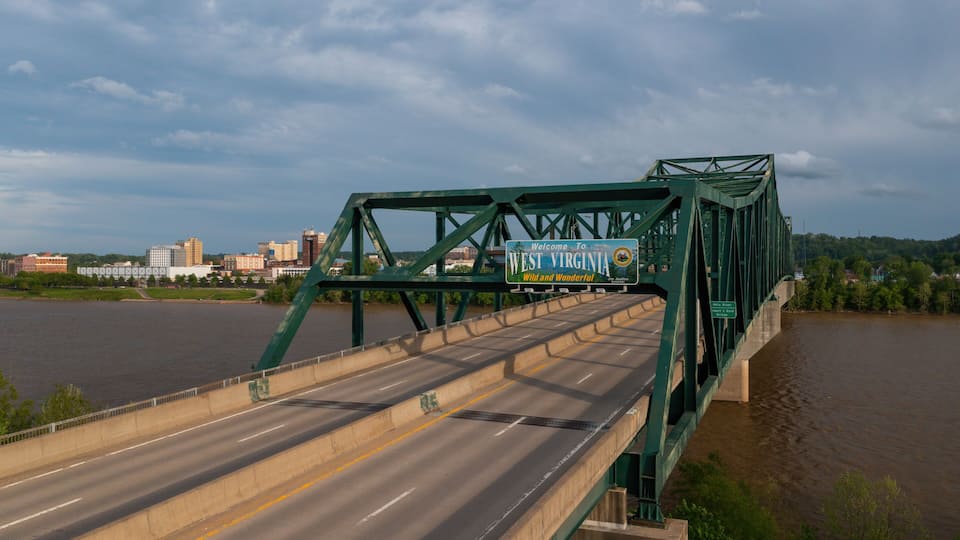 Aerial of Robert C. Byrd Bridge over Ohio River - OH Route 527 - Huntington, West Virginia & Chesapeake, Ohio