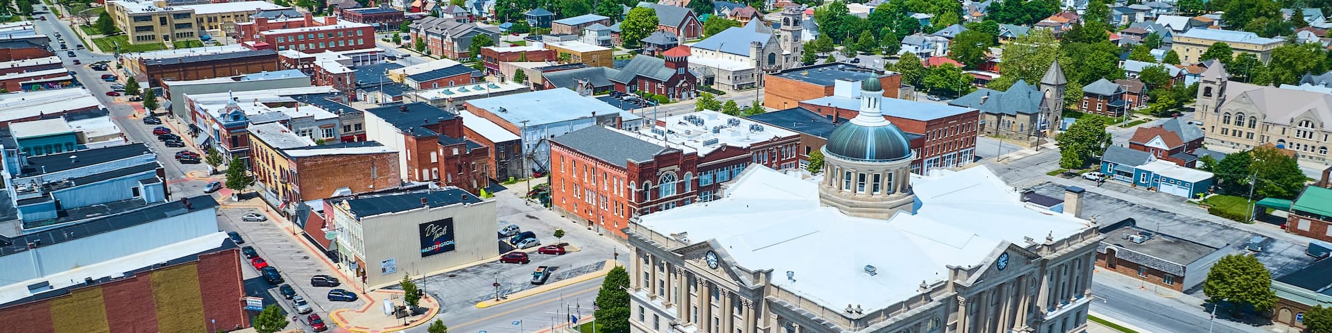 Aerial View of Historic Courthouse in Bustling Huntington Town