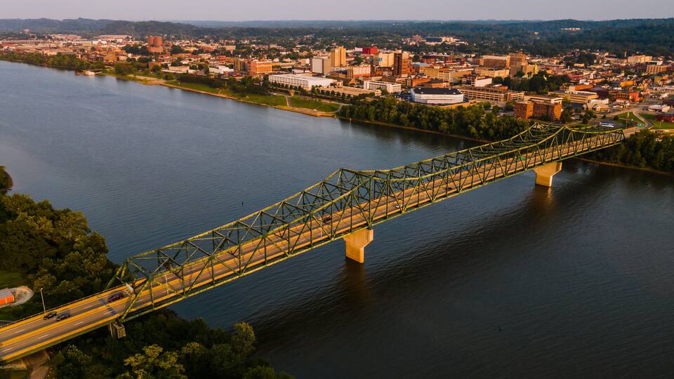 Late Evening Aerial View of Robert C. Byrd Truss Bridge - Ohio River - Huntington, West Virginia