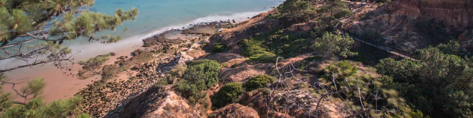 A coastal landscape with a beach, rocky cliffs, and sparse vegetation.