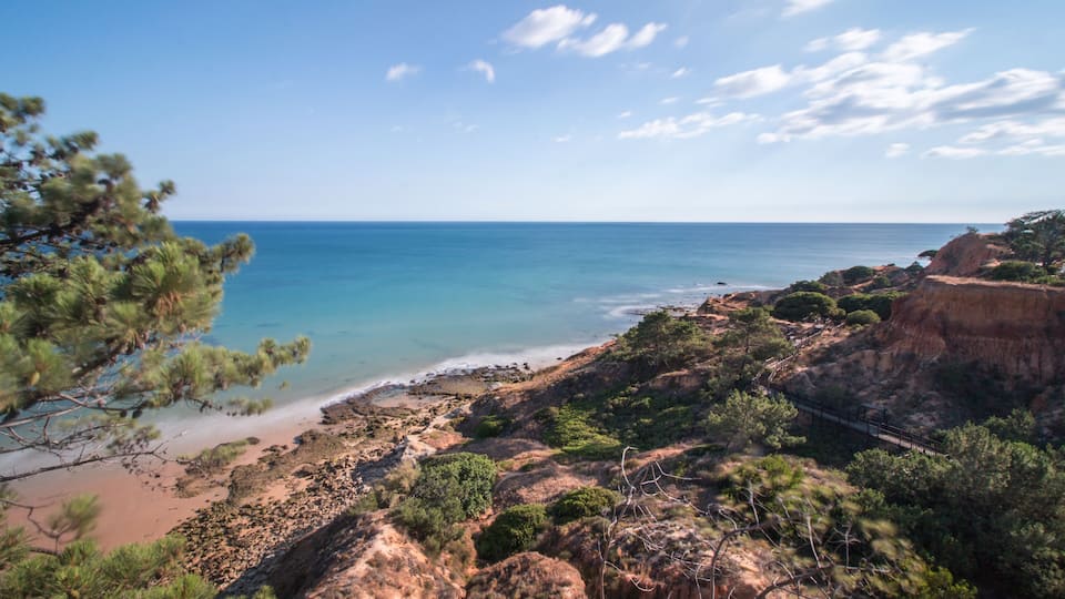 A coastal landscape with a beach, rocky cliffs, and sparse vegetation.