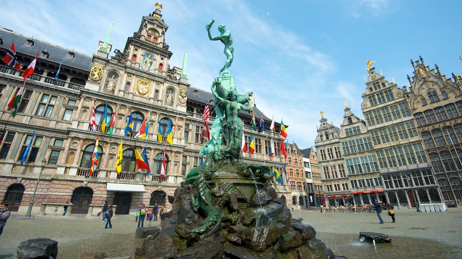 Antwerp Market Square showing a city, an administrative building and a statue or sculpture