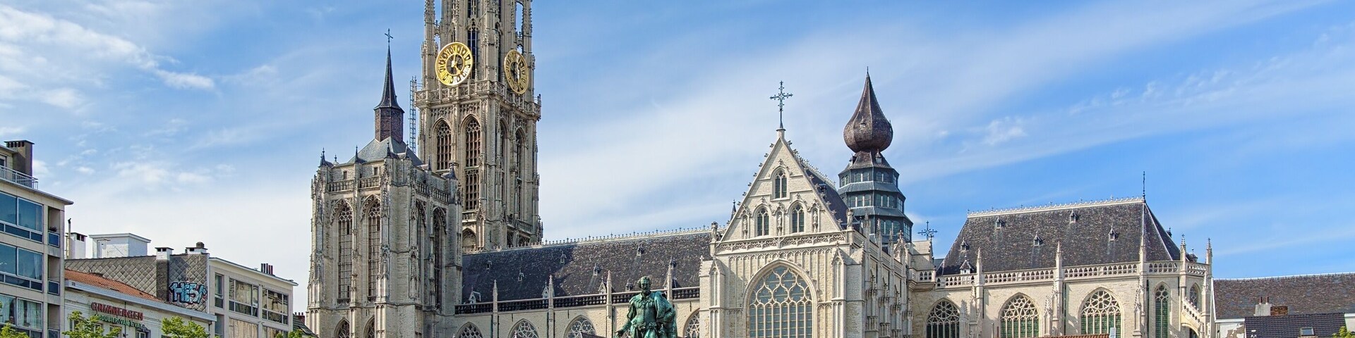 Cathedral and statue of Peter Paul Rubens in Antwerp