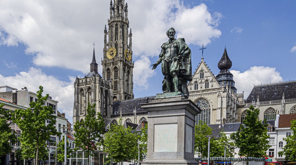 View of the main square of Antwerp surrounded by old buildings. Belgium