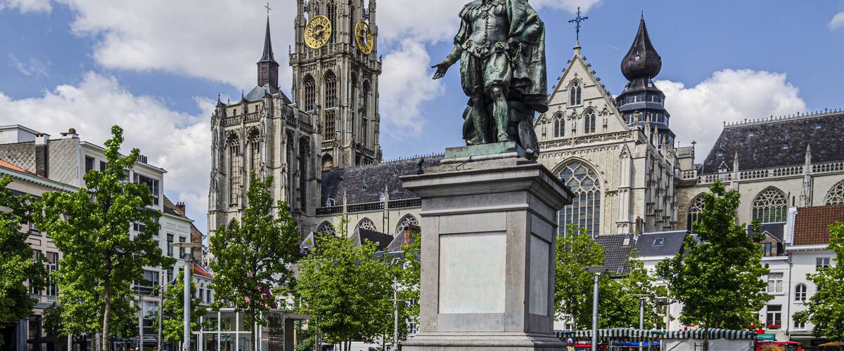 View of the main square of Antwerp surrounded by old buildings. Belgium