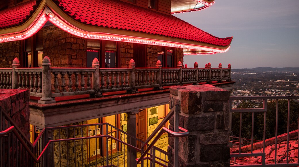 Detail of the entrance and second floor of the Reading Pagoda in the early morning
