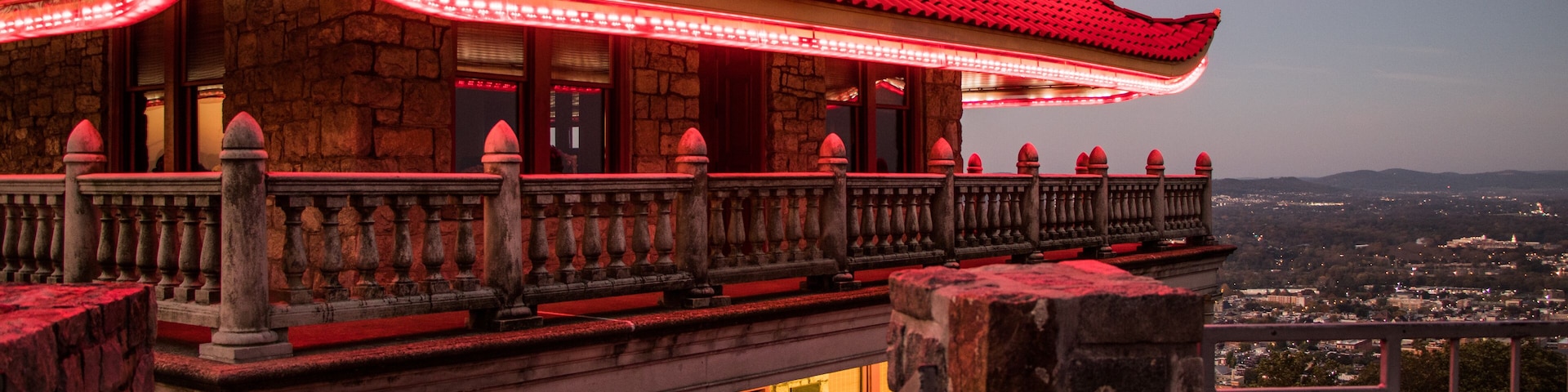 Detail of the entrance and second floor of the Reading Pagoda in the early morning