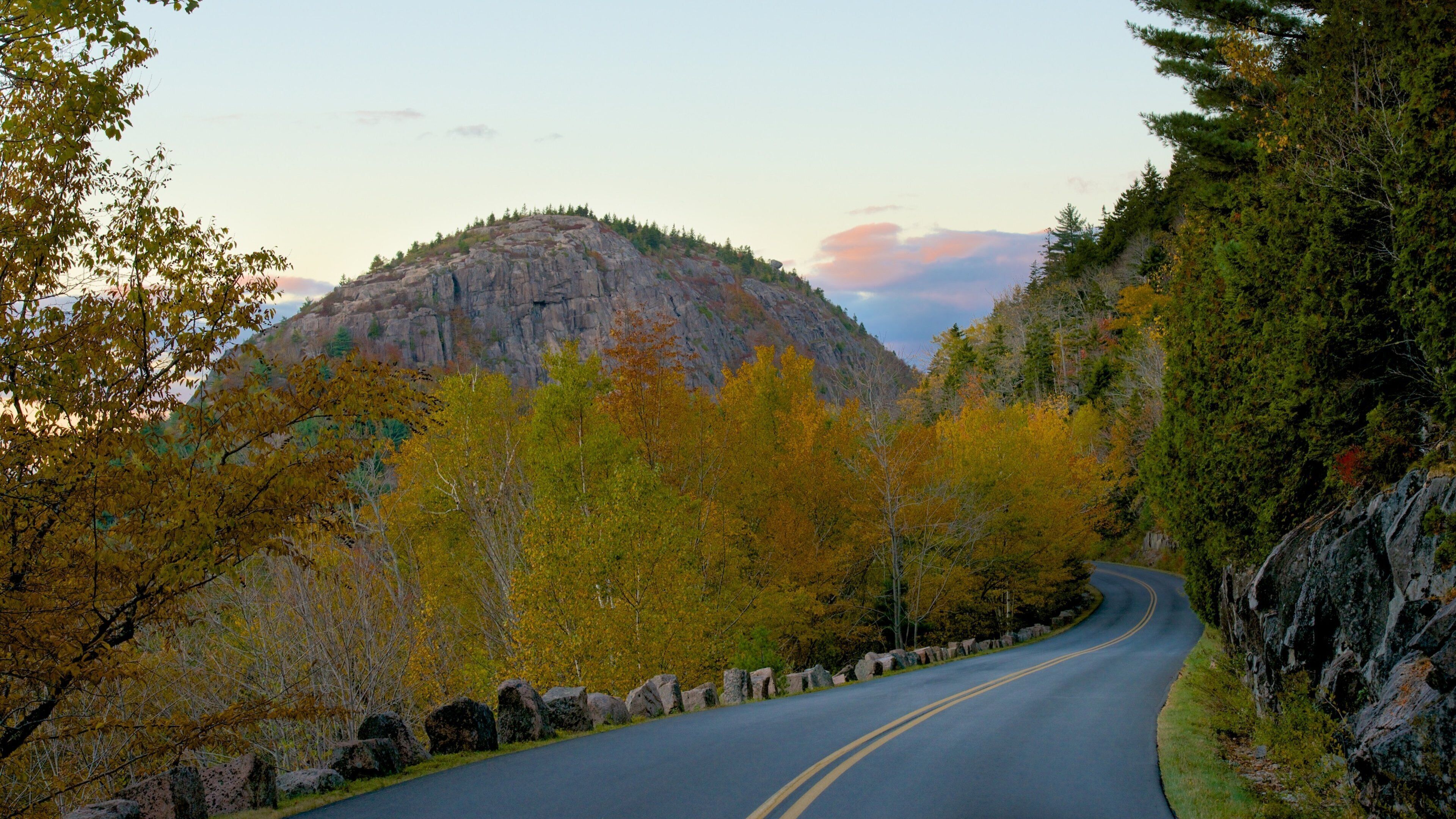 A winding mountain road surrounded by autumn foliage and rocky terrain.