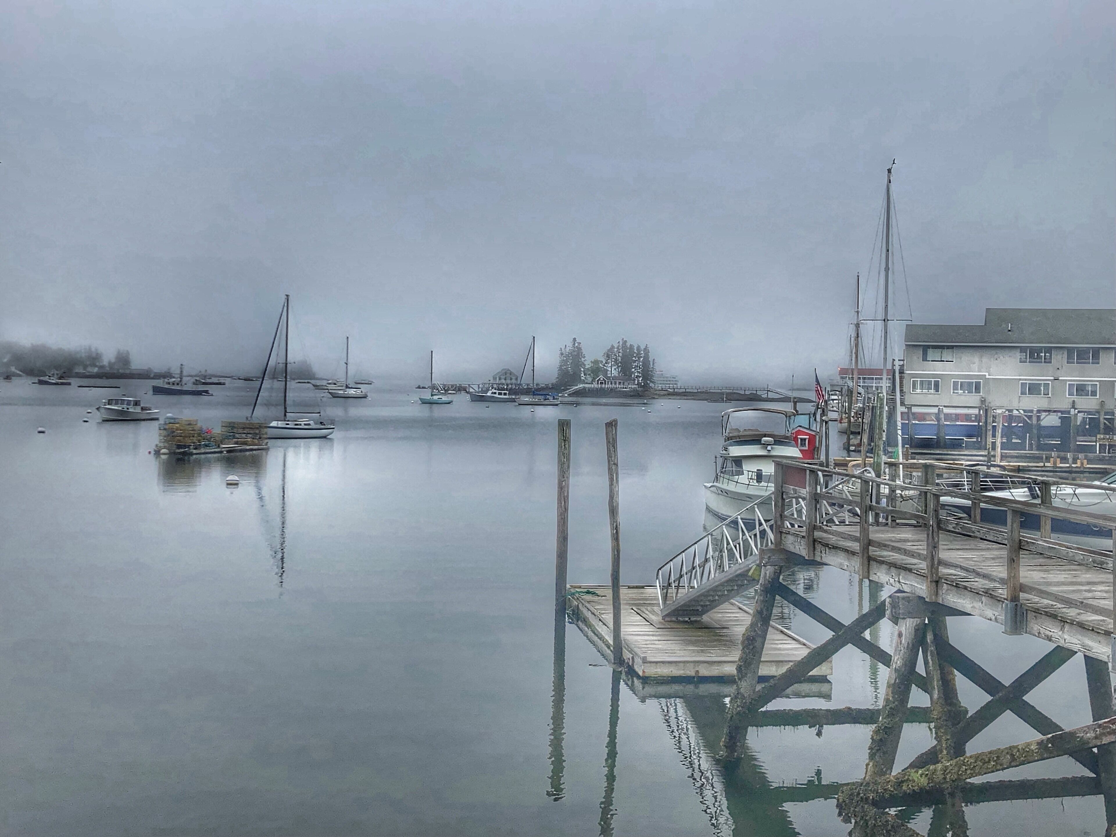 When we arrived in Boothbay Harbor, Maine it was so foggy we could barely see across the bay, but I thought it made a beautiful picture.