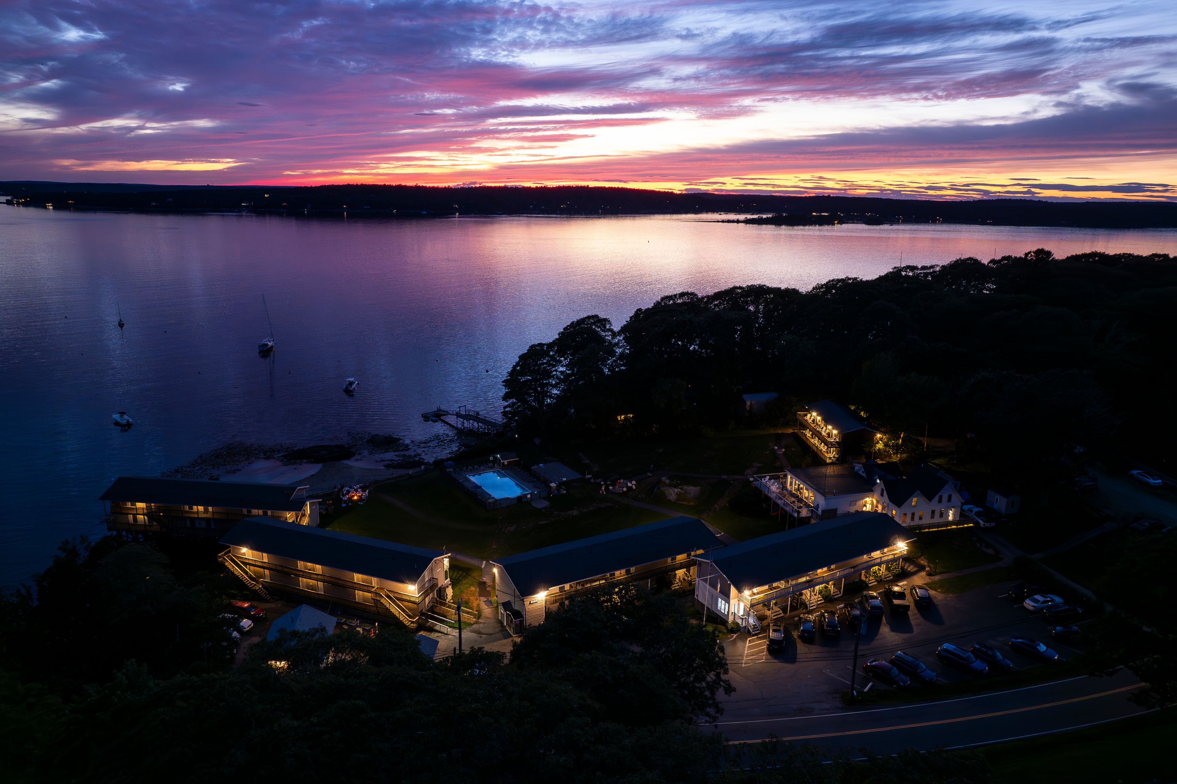 Aerial photo - sunset over East Boothbay, Maine 