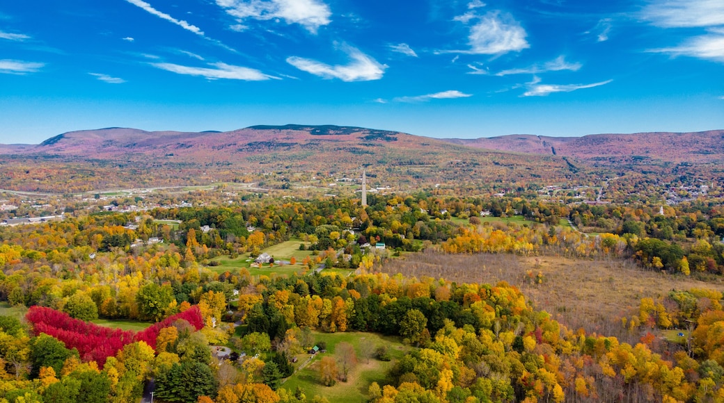 A mountainous landscape with autumn foliage, a prominent church spire, and a winding road.