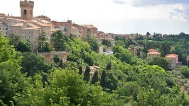 hill landscape with historical village of Castelfidardo, Marche, central Italy
