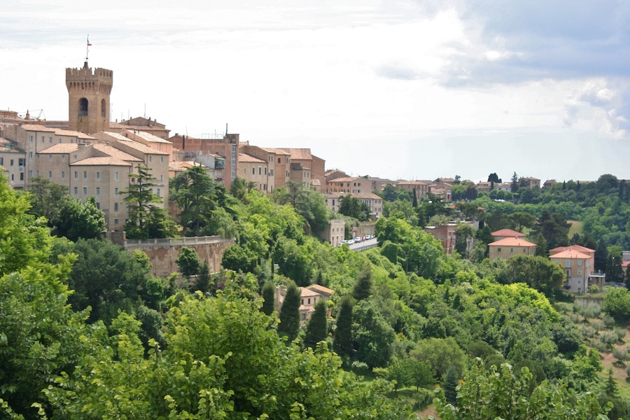 hill landscape with historical village of Castelfidardo, Marche, central Italy