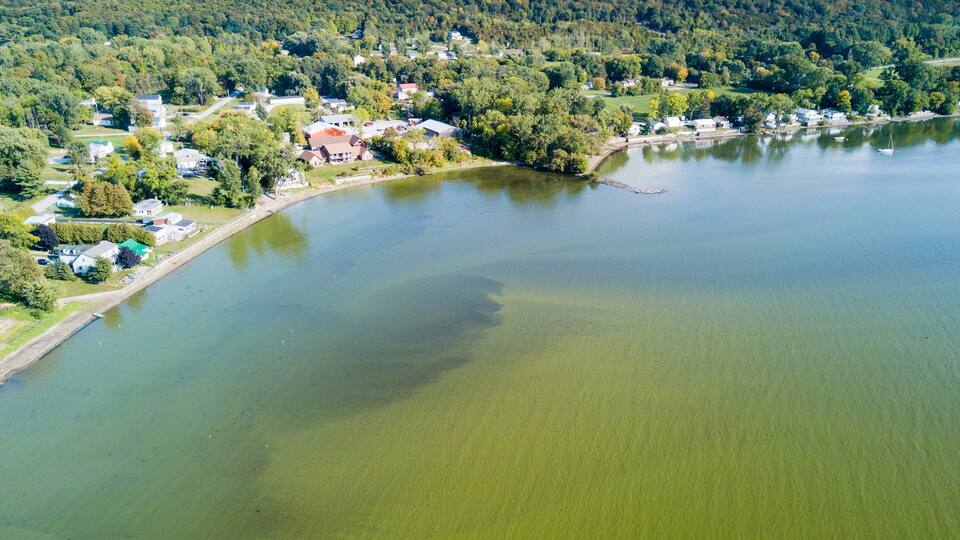 Aerial view of algal bloom in St. Albans Bay, St. Albans Vermont.