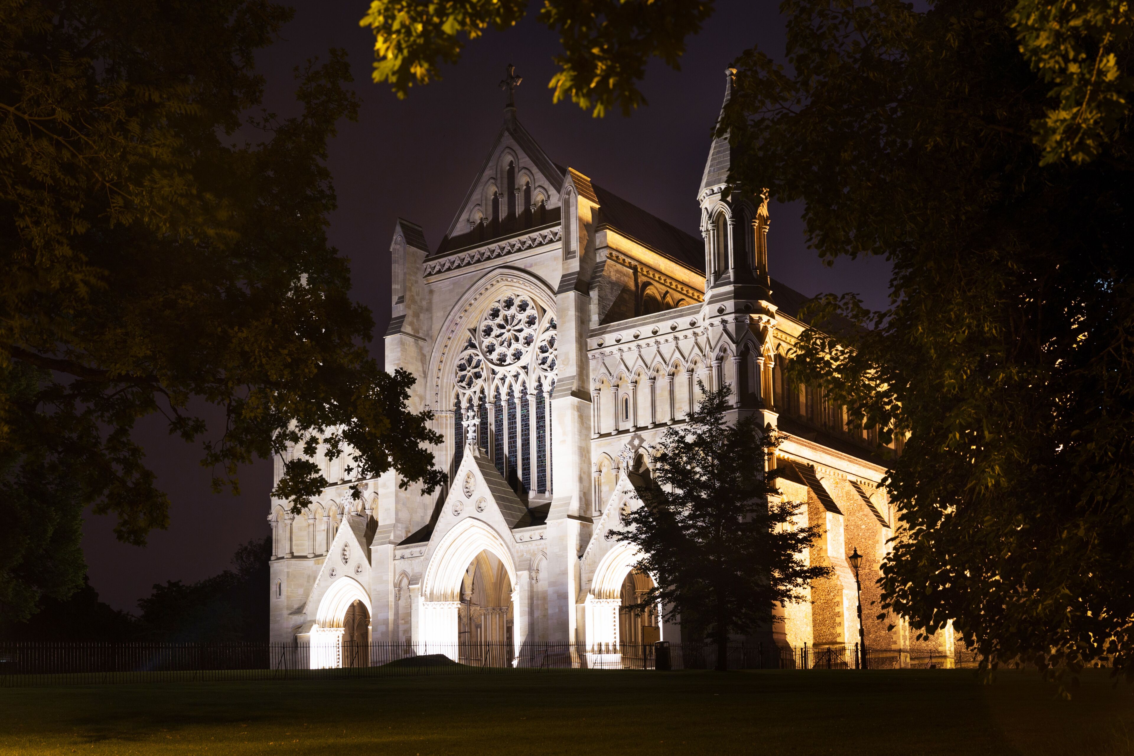 A Gothic-style cathedral at night, illuminated by artificial lighting, surrounded by trees.