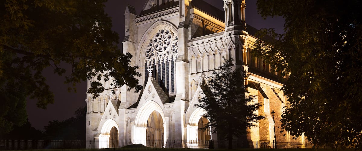 A Gothic-style cathedral at night, illuminated by artificial lighting, surrounded by trees.