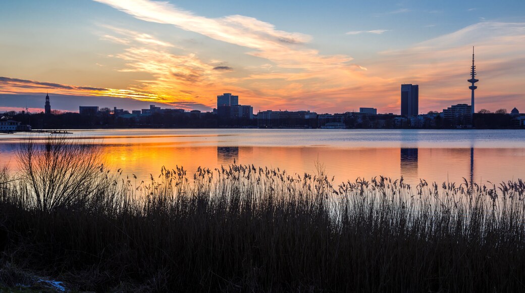 Hamburg Panorama Dämmerung Alster romantisch entzerrt