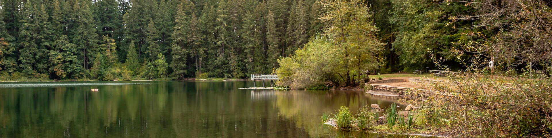 A calm lake surrounded by dense forest, a wooden dock, and a stone bridge.