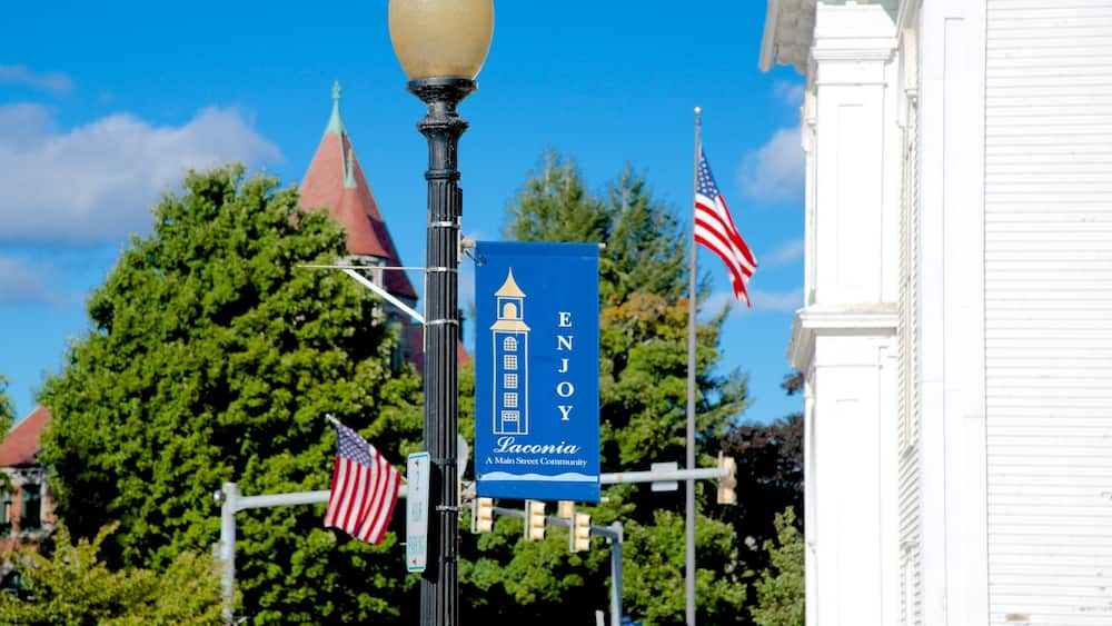 Un panneau de signalisation avec les inscriptions « Profitez de Lafayette » et « Une communauté au cœur de la ville », le tout sur un fond bleu, ainsi qu’un drapeau américain et un lampadaire.