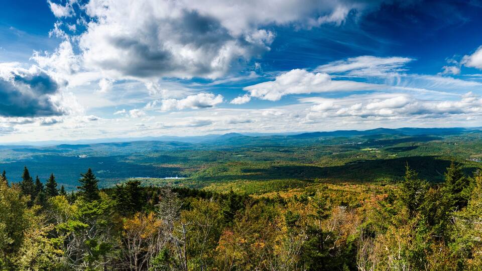 A mountainous landscape with dense forests and a clear blue sky.