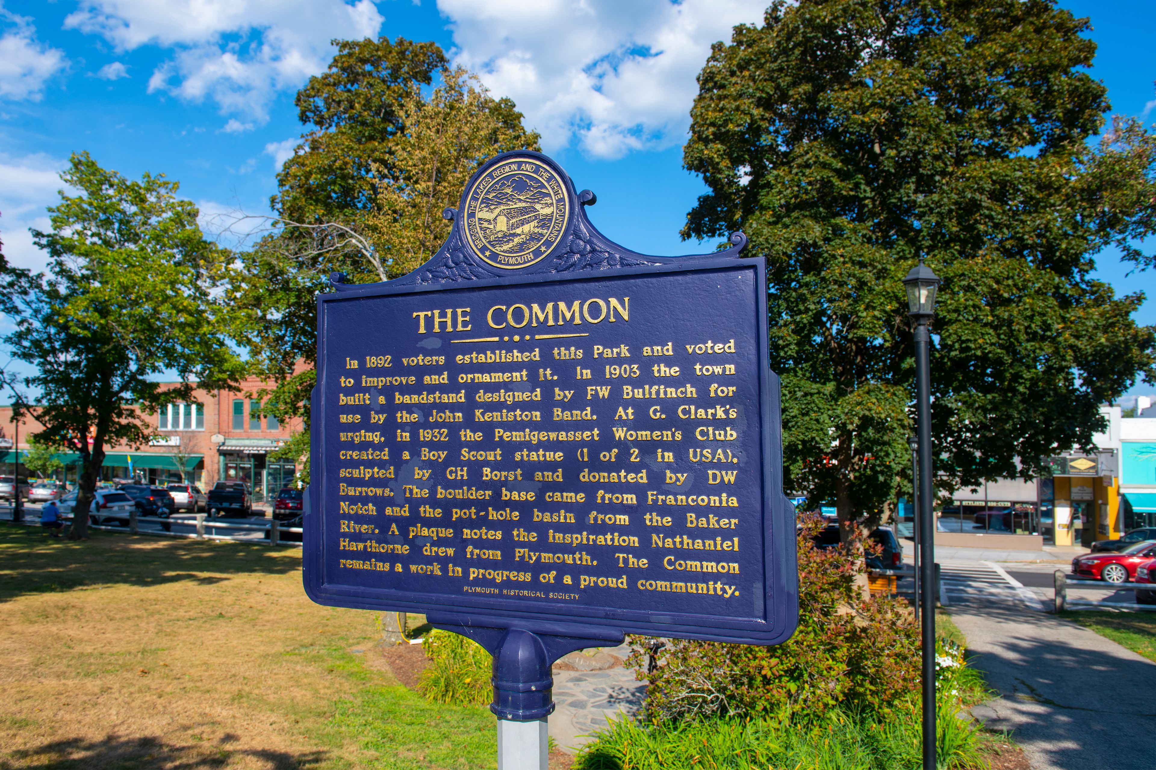 The Common sign on Main Street in historic town center of Plymouth, New Hampshire NH, USA. 