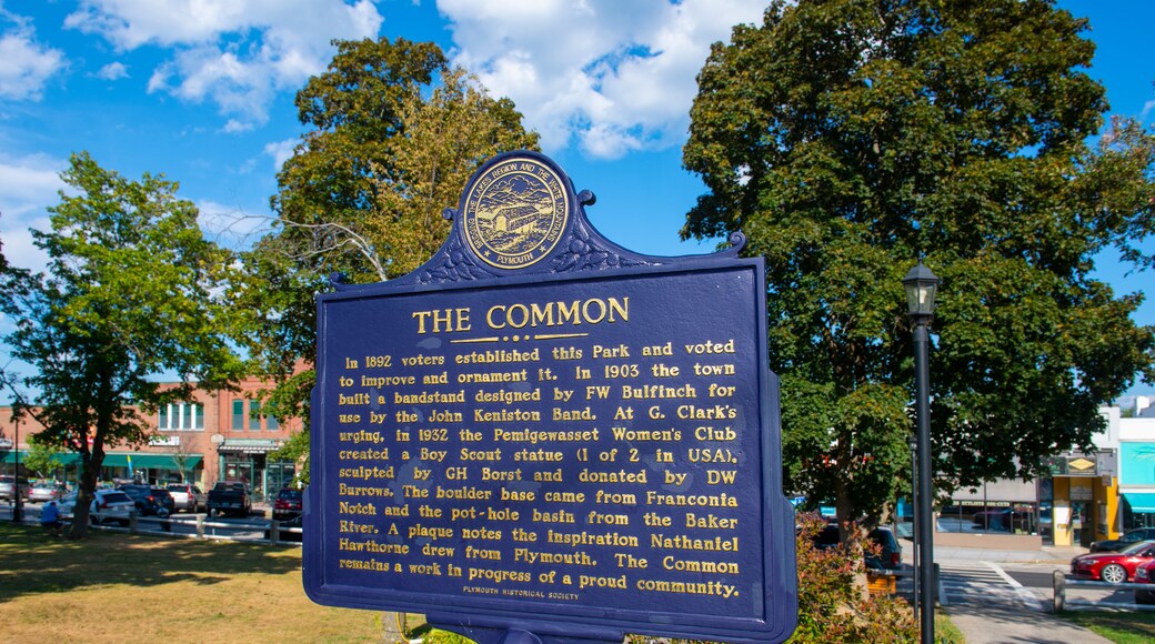 The Common sign on Main Street in historic town center of Plymouth, New Hampshire NH, USA.