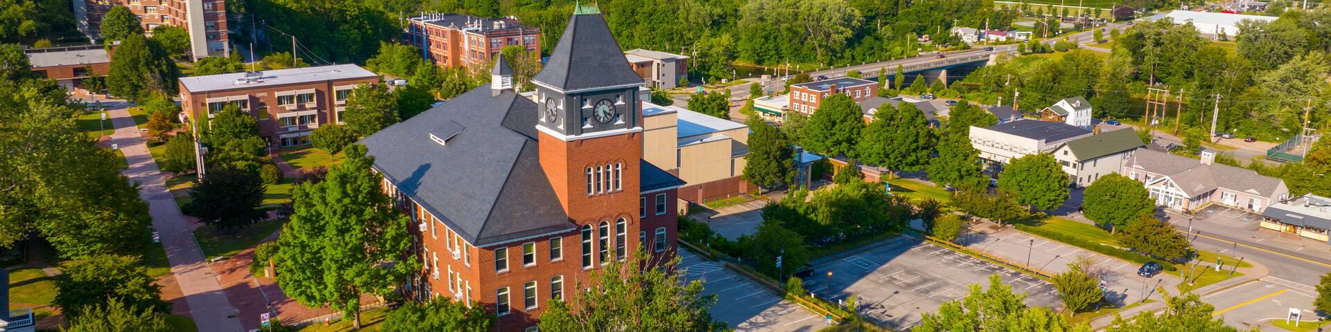 Rounds Hall aerial view in Plymouth State University in summer in historic town center of Plymouth, New Hampshire NH, USA.