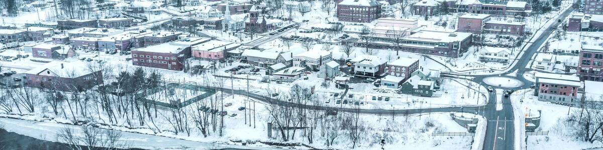 Aerial view of Plymouth State College, New Hampshire in winter